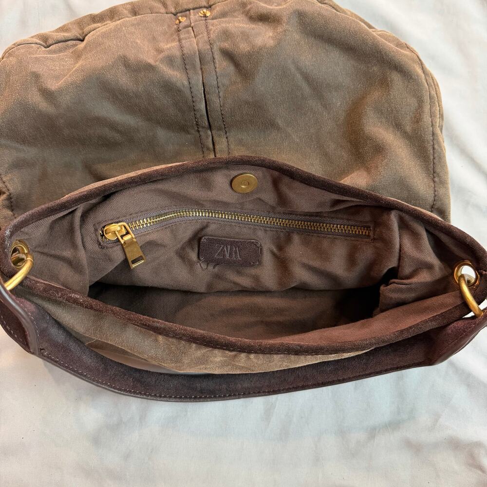 Zara Brown Canvas Leather Trim Hobo Shoulder Bag Women's Large - Picture 10 of 13